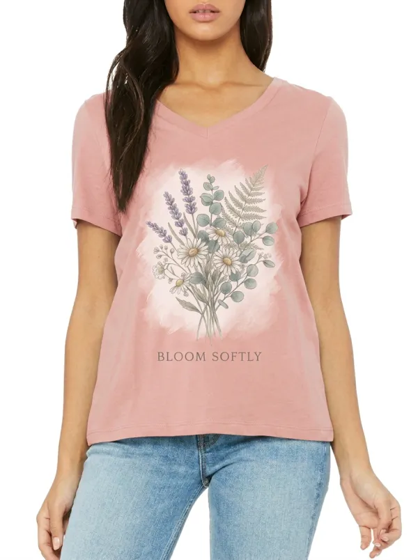 Women's Floral Lover Bloom Softly Wildflower Printed V-neck T-shirt