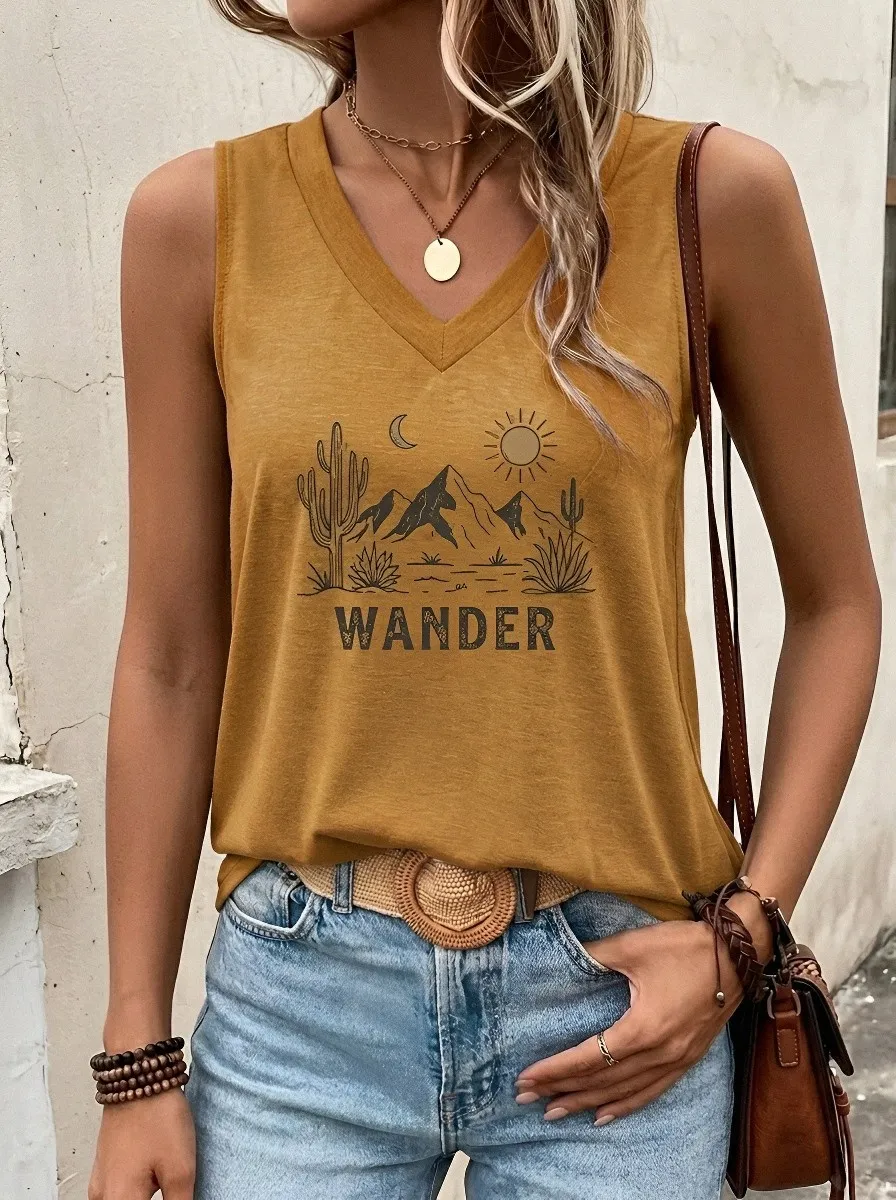 Women's Desert Mountain Cactus Printed V-Neck Tank Top
