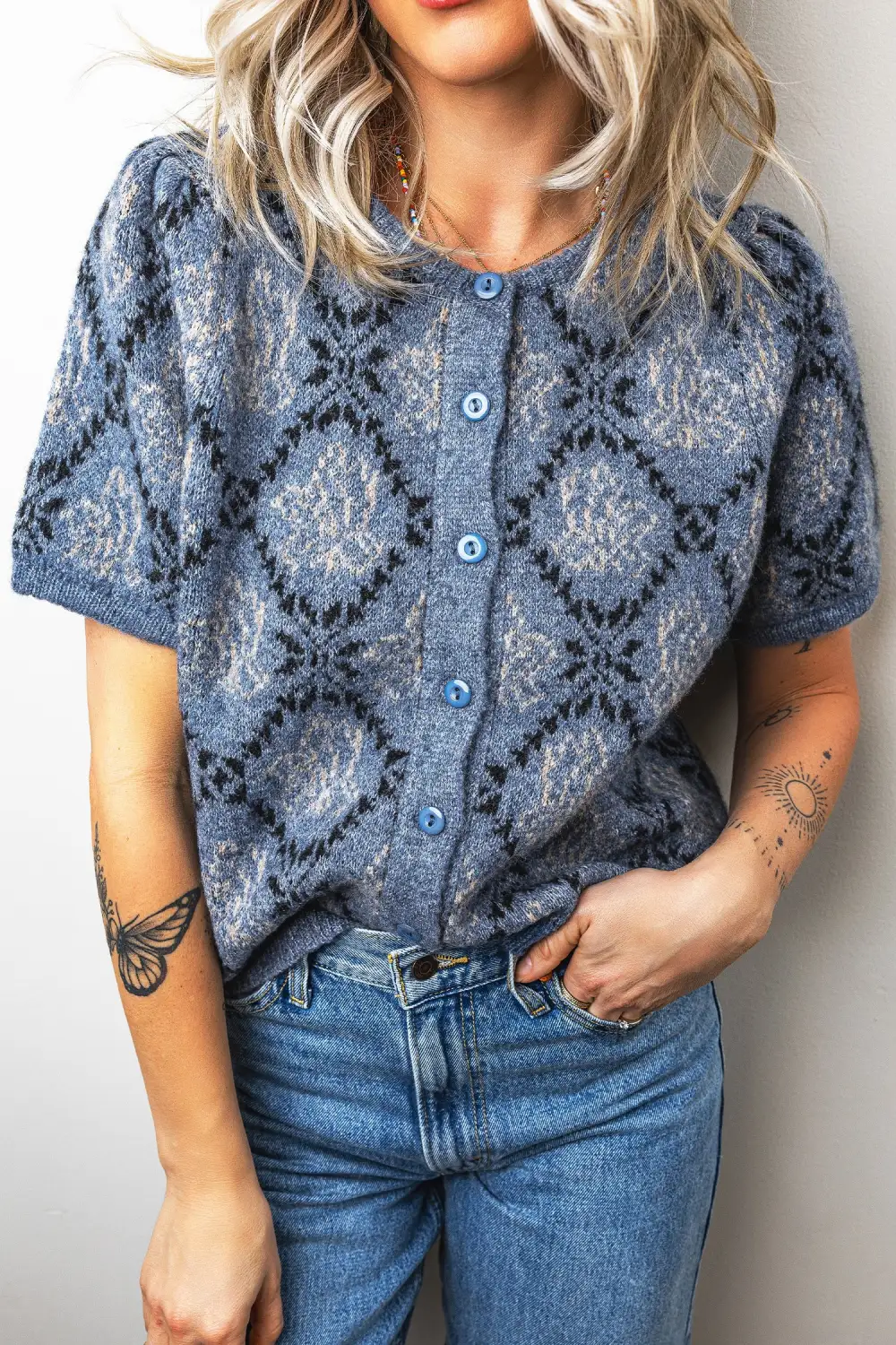 Button-Front Round-Neck Short-Sleeve Knit Cardigan