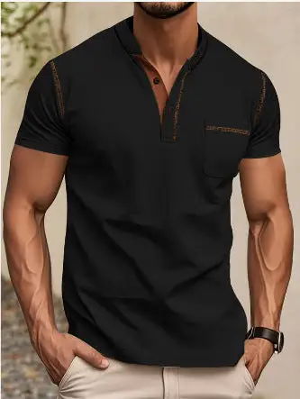 Men's Modern Short-Sleeve Henley With Stand Collar Contrast Stitching And Patch Chest Pocket