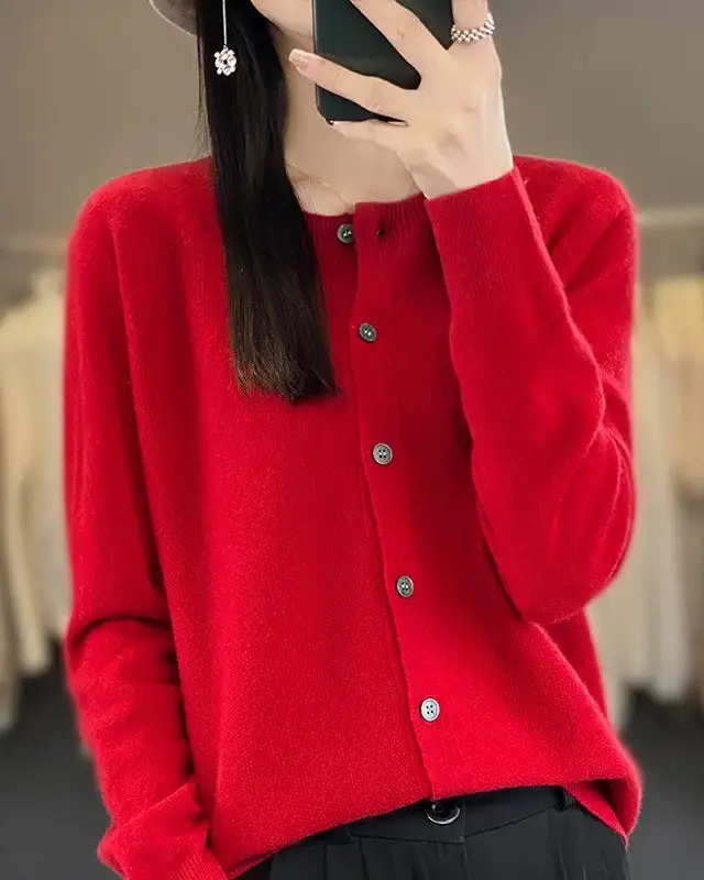 Refined Wool Button-Front Round-Neck Cardigan