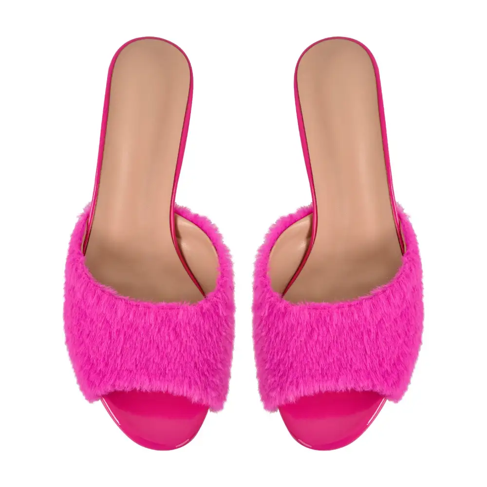 Round Toe Chunky Heel Fur Mule Sandals