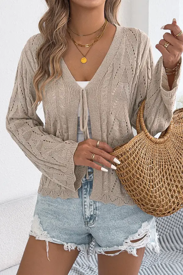 Color Tie Front Hollow Knitted Cardigan