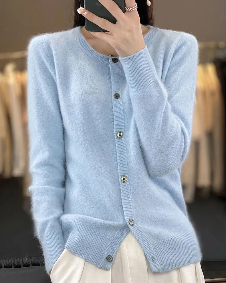 Classic Mink-Cashmere Cashmere Button-Front Crew-Neck Cardigan