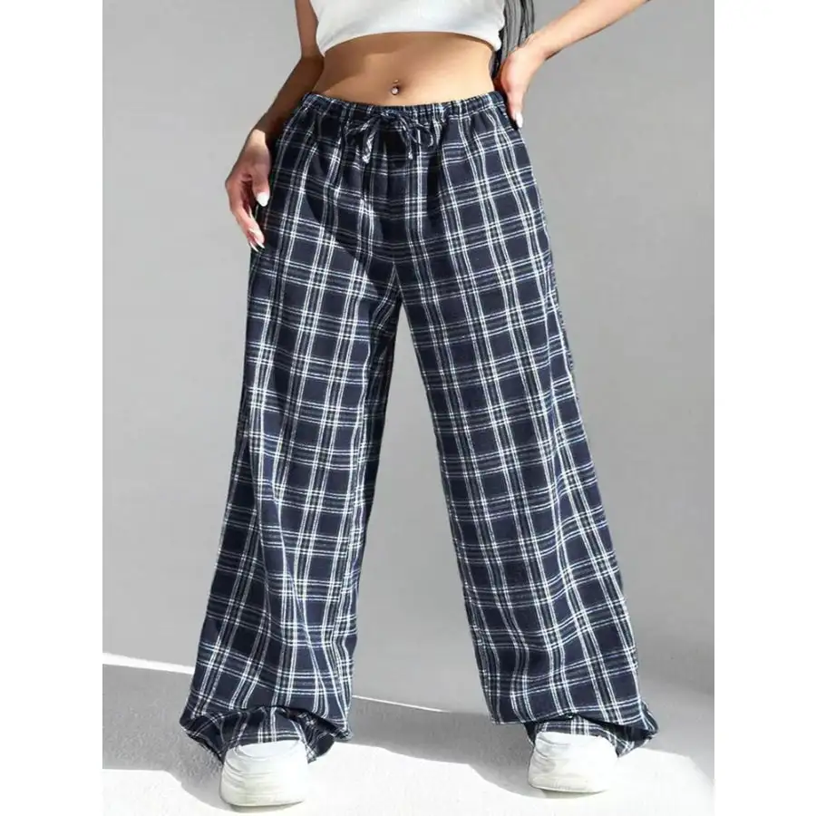 Classic Plaid Drawstring Wide Leg Pants
