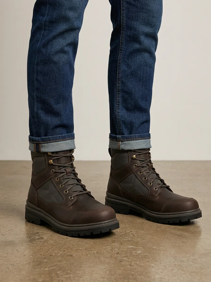 Unisex Leather Tactical Canvas Print Work Boots