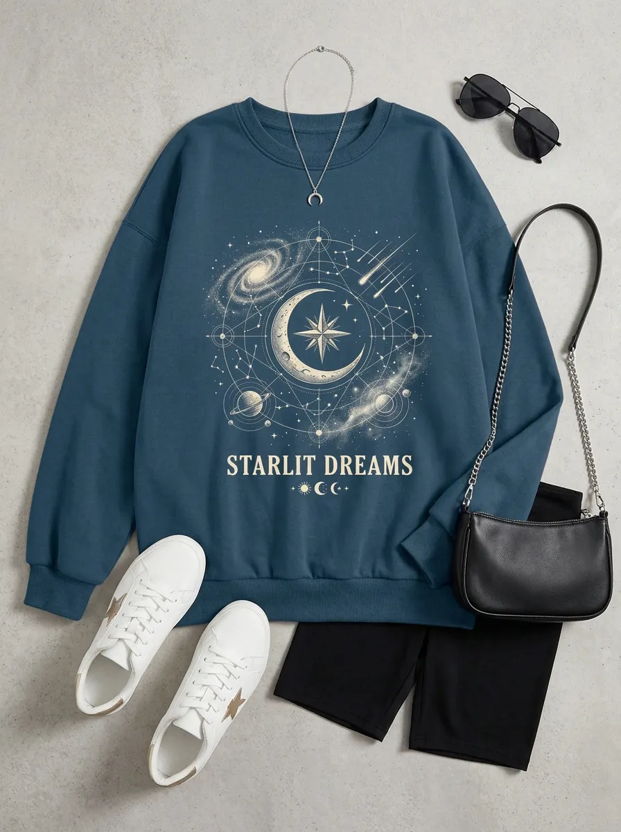 Women's Celestial Starlit Dreams Galaxy Moon Printed T-shirt