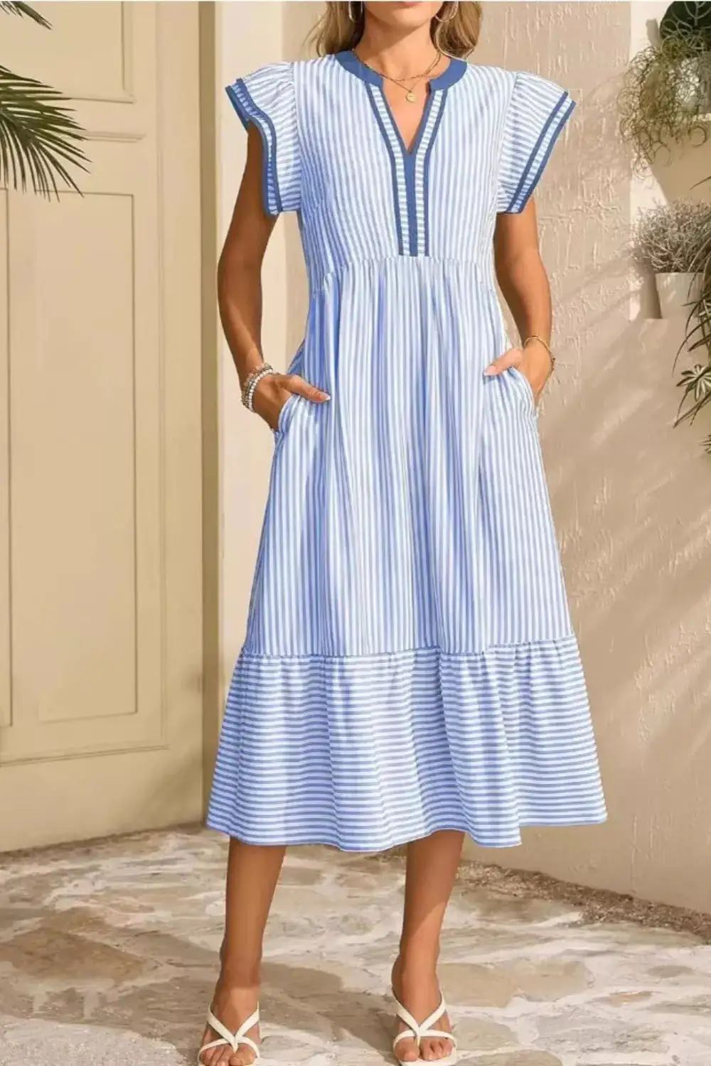 Striped Ruffle Midi Dress