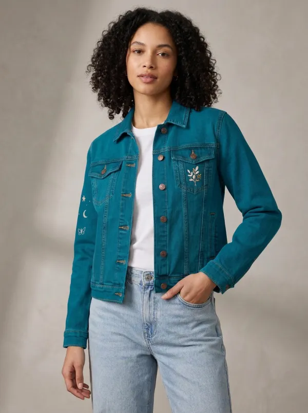 Women's Celestial Butterfly Floral Pattern Denim Jacket