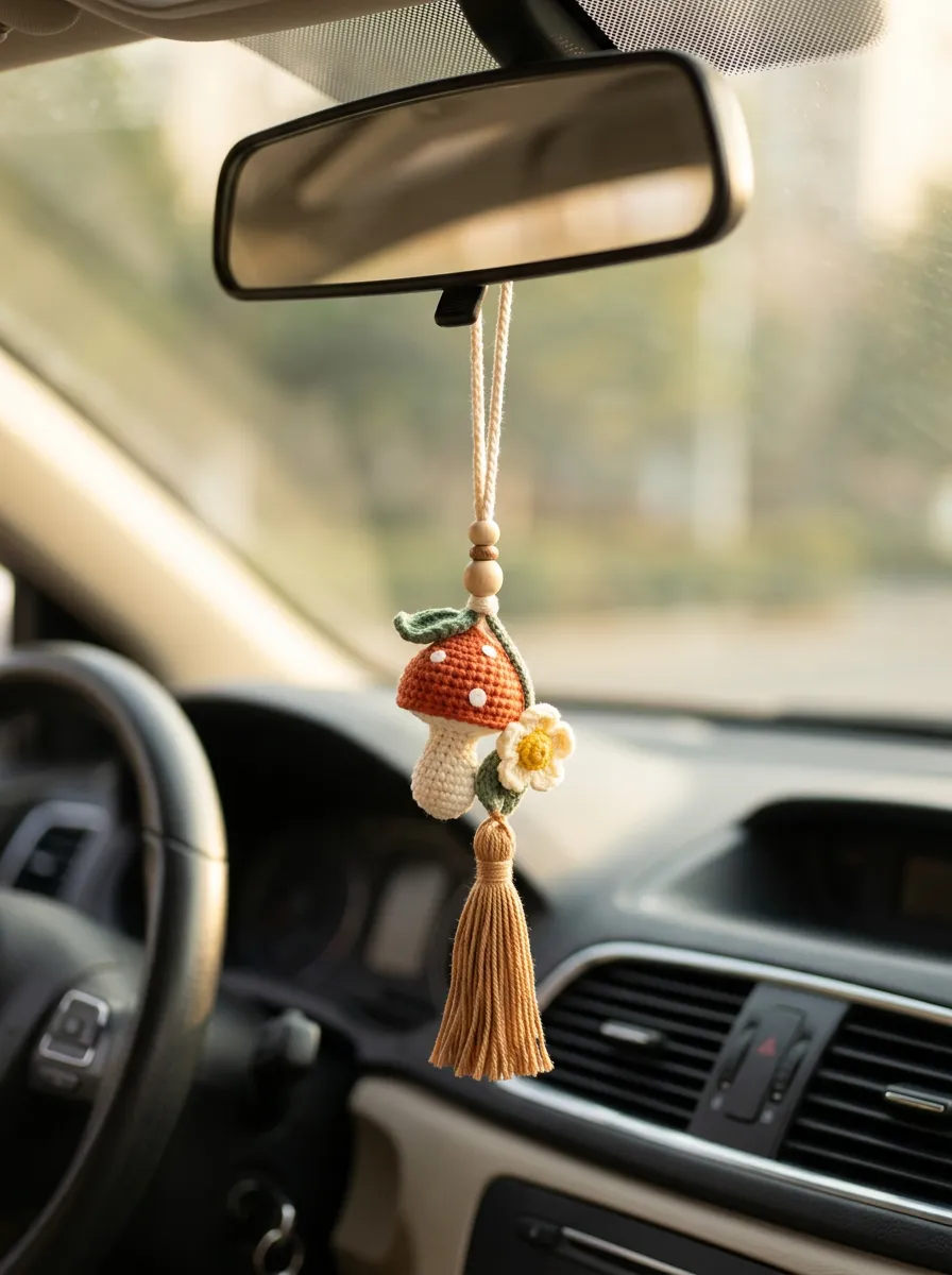 Knitted Floral Rearview Mirror Hanging Ornament