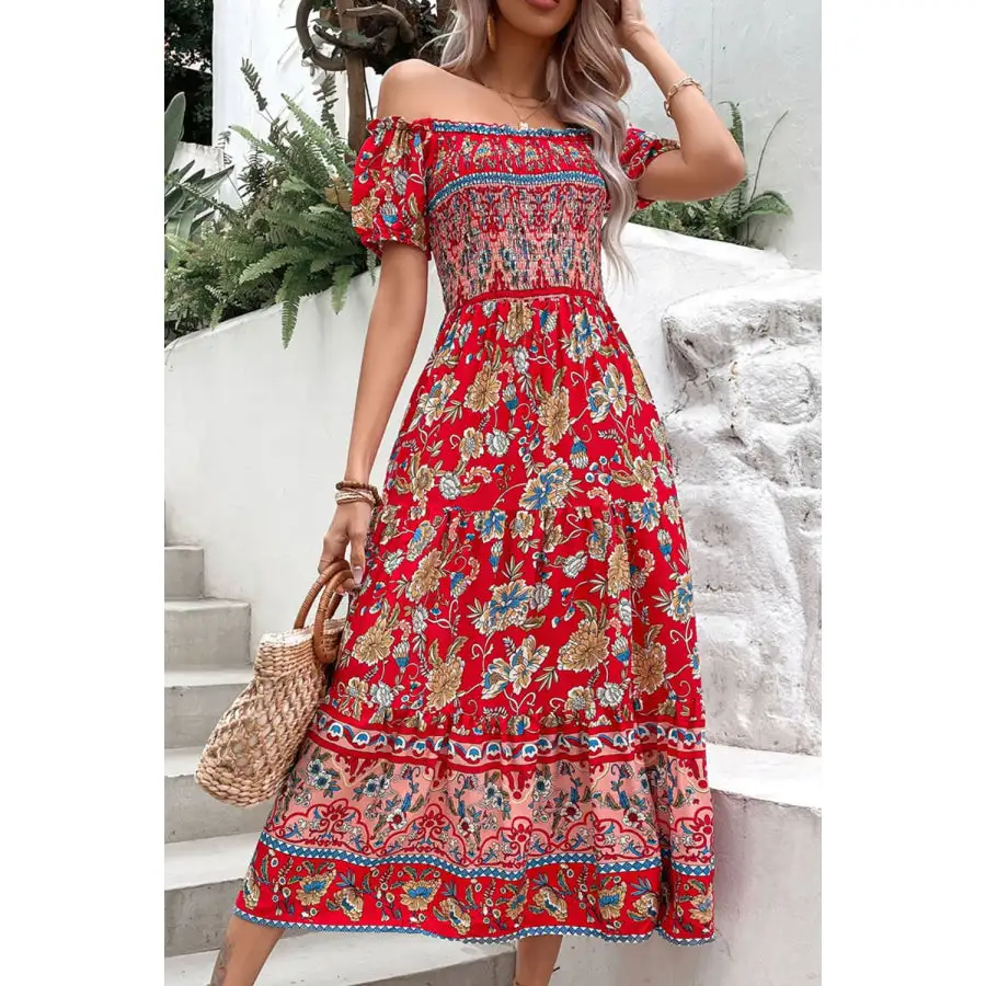 Off-Shoulder Smocked Midi Dress