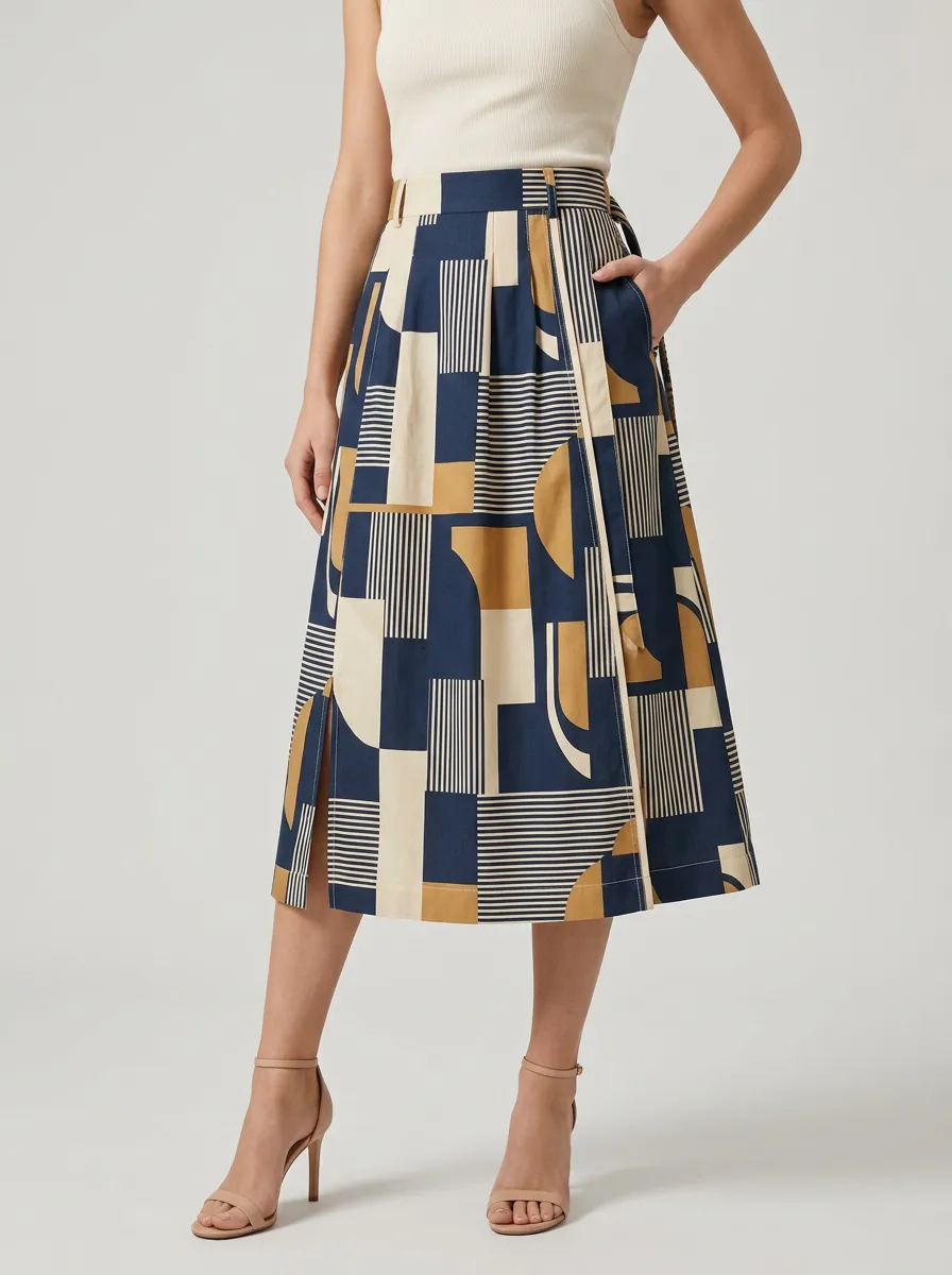 Women's Geometric Abstract Pattern Printed Midi Skirt
