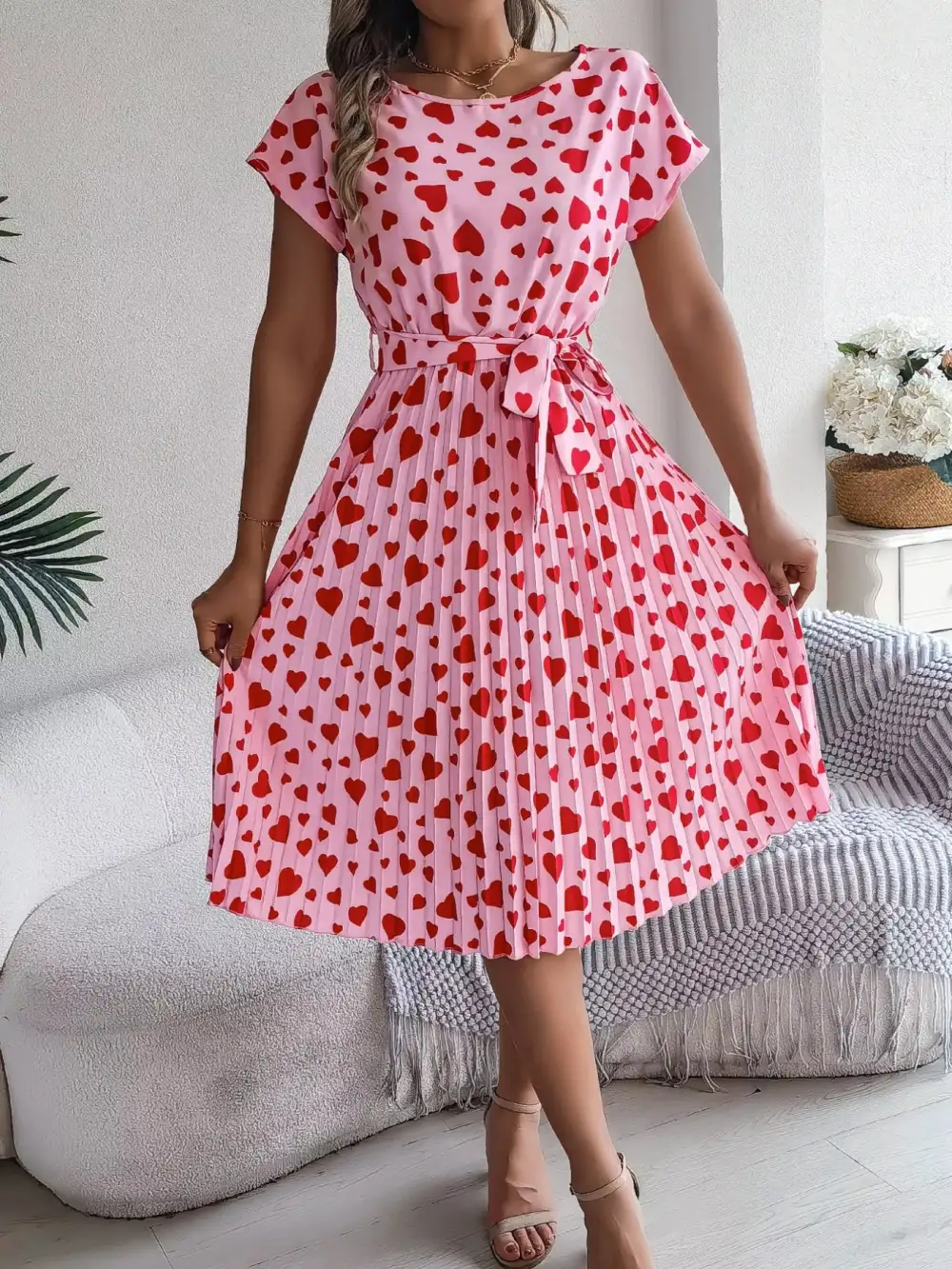 Heart Belted Pleated Midi Dress