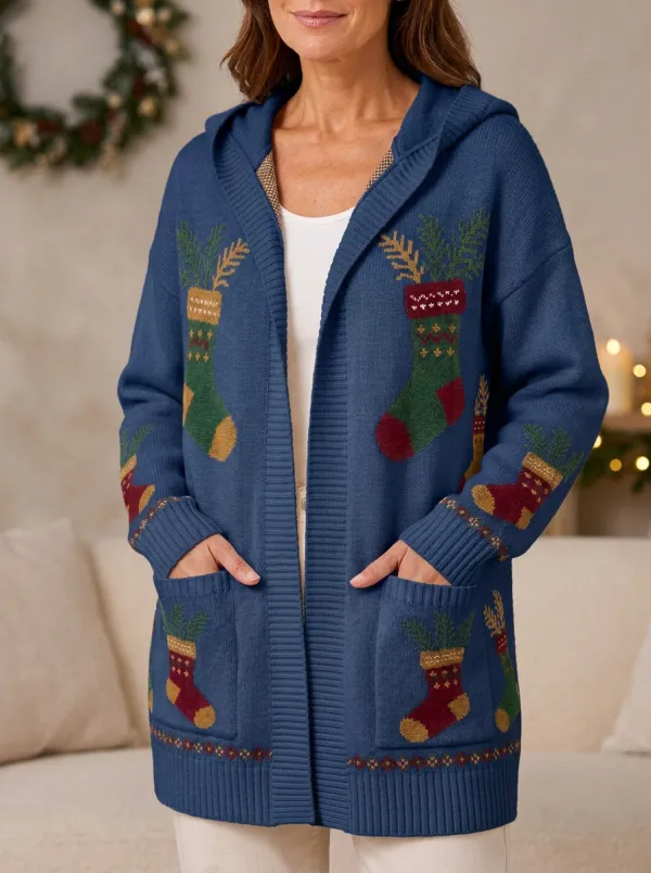 Christmas Holiday Stocking Pattern Print Hooded Cardigan