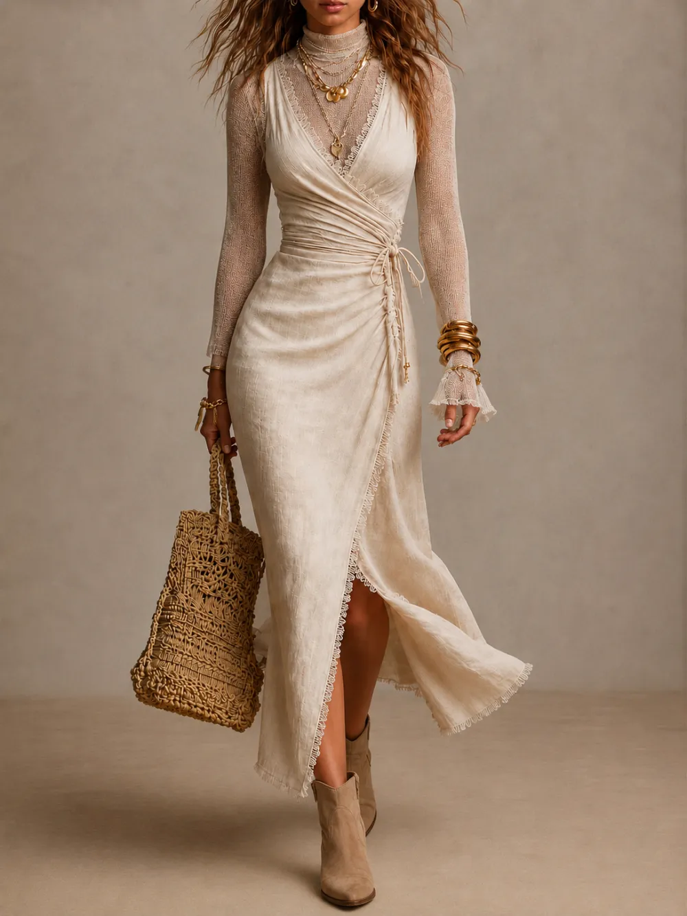 Natural Linen Wrap-Front Ruched Midi Dress With Lace Trim