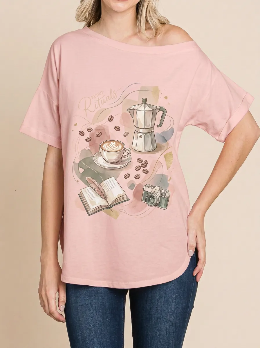 Women's Coffee Lover Retro Rituals Moka Pot Book Camera Printed T-shirt
