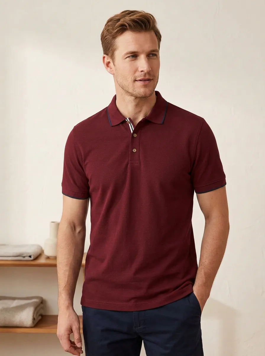 Men's Knit Ribbed Textured Striped Tipped-Collar Polo Shirt