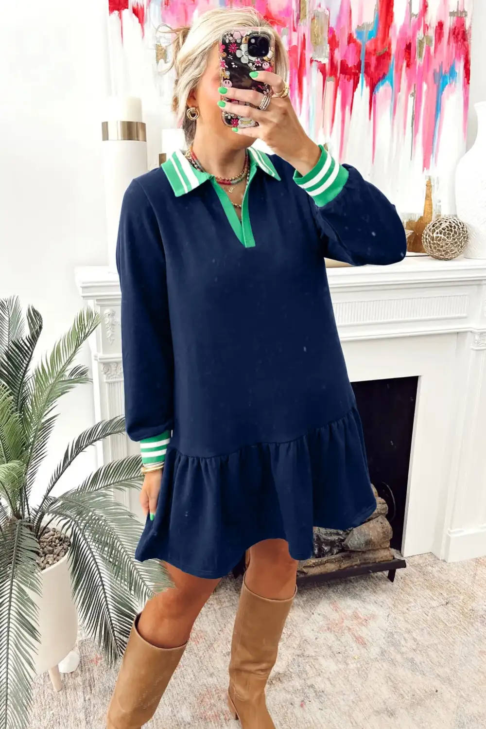 Contrast Striped Cuffs Polo Collar Patchwork Long Sleeve Ruffle Hem Mini Dress
