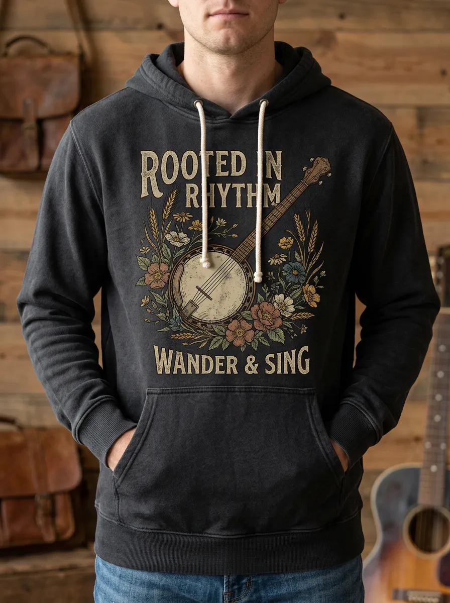 Rustic Country Music Banjo Floral Pullover Hoodie