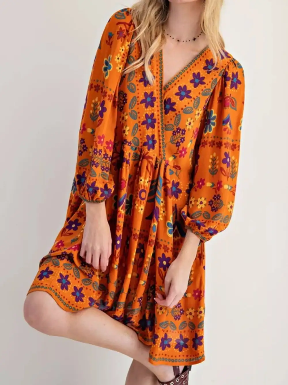 Structured Shape Floral Printed Long Sleeve Mini Dress