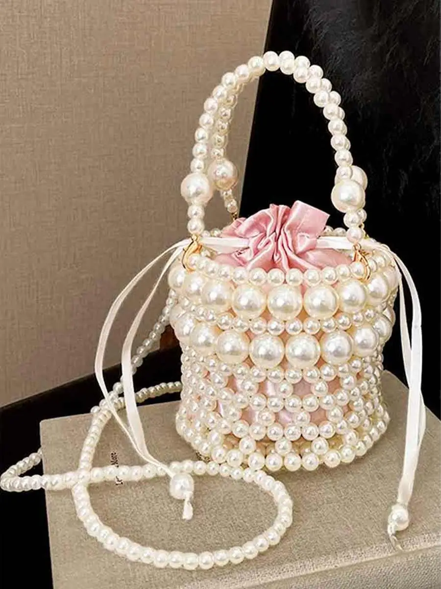 Clarissa Faux Pearl Drawstring Bucket Bag