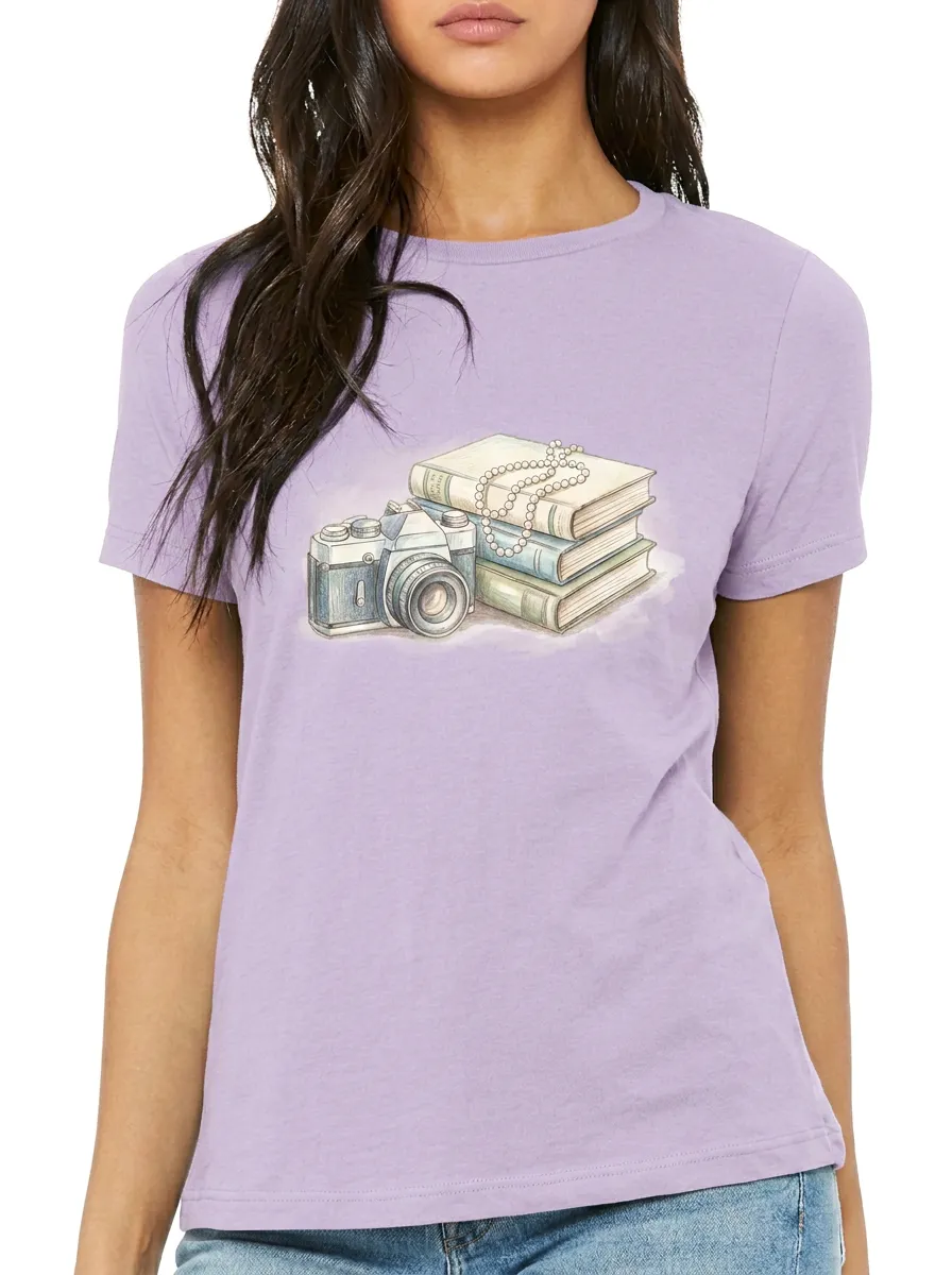 Women's Photographer Book Lover Vintage Camera Printed T-shirt