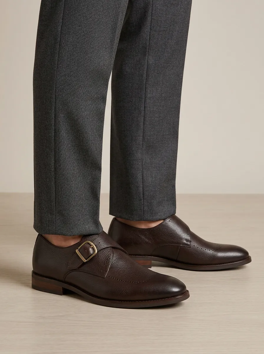 Men's Leather Brogue Monk Strap Dress Shoes