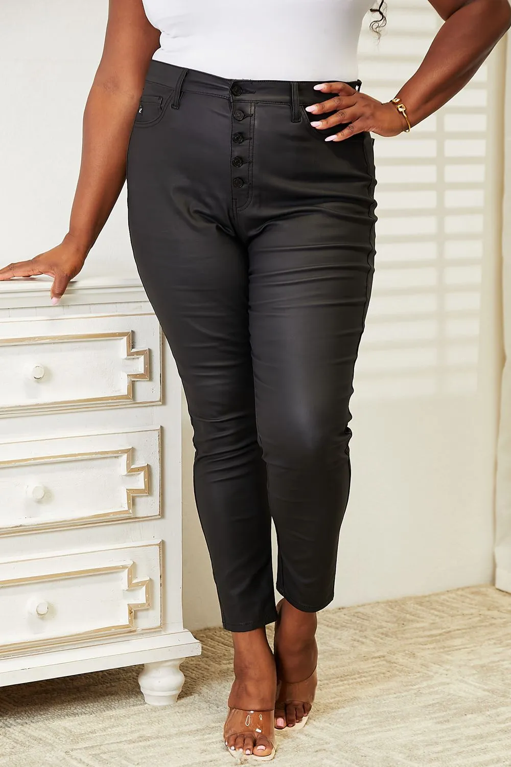 High Rise Coated Ankle Skinny Denim Jeans