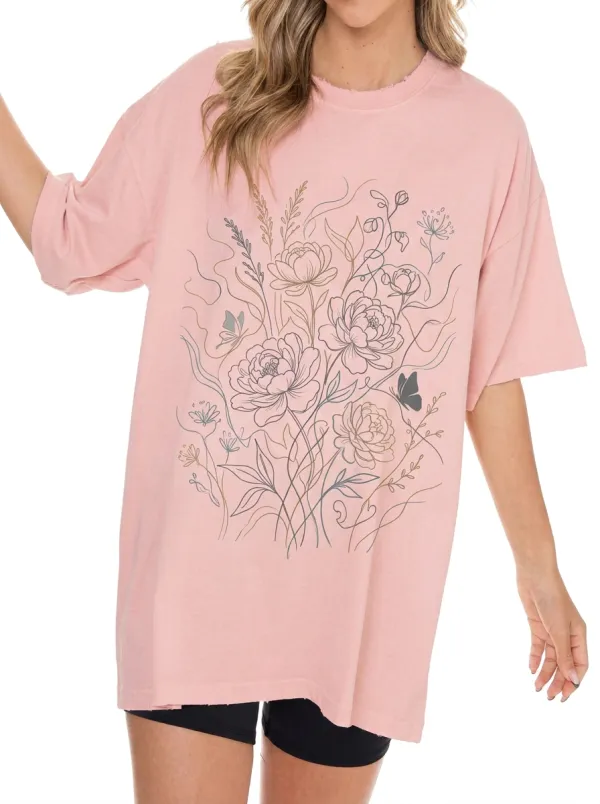 Women's Floral Nature Lover Peony Butterfly Printed T-shirt