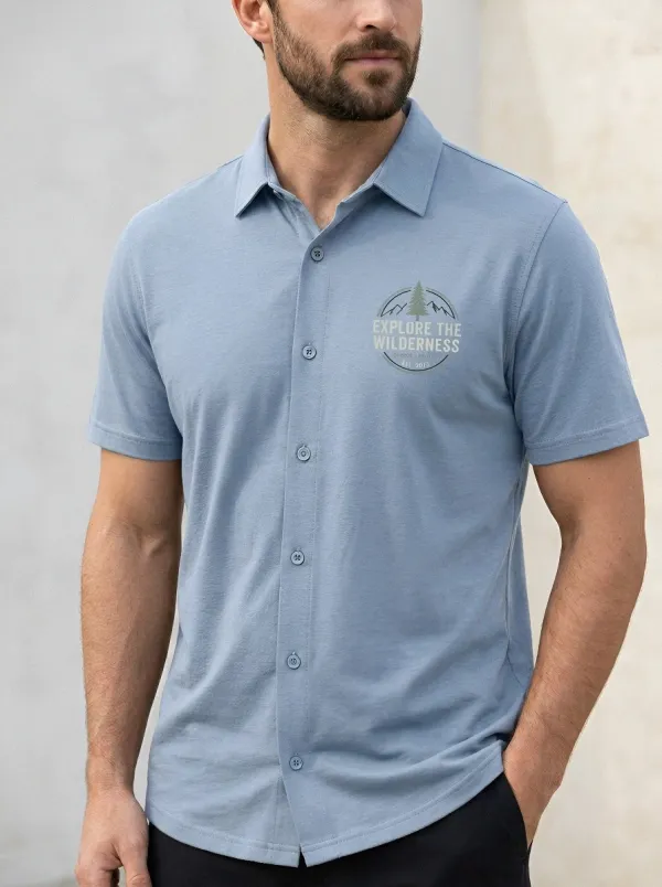 Men's Wilderness Nature Lover Pine Tree Mountain Printed Polo Shirt