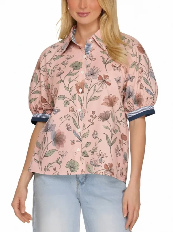 Women's Floral Butterfly Botanical Printed Puff Sleeve Shirt