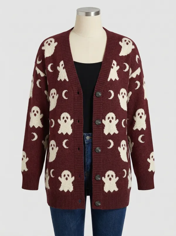Women's Halloween Ghost and Moon Pattern Knitted Cardigan