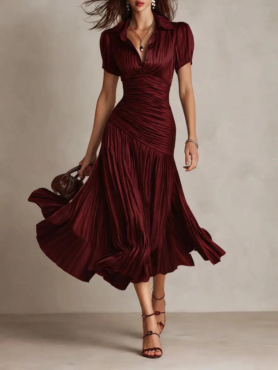 Retro Striped Satin Pleated Bodycon Midi Dress