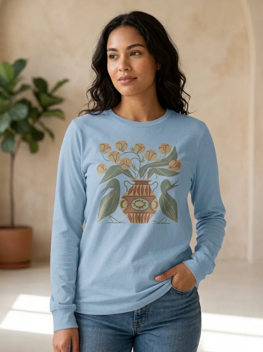 Women's Folk Art Bird and Floral Vase Printed Long Sleeve T-shirt