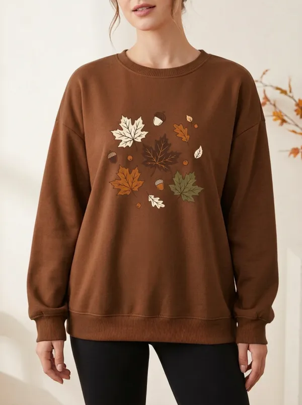 Decorative Maple-Leaf Printed Acorn Graphic Sweatshirt