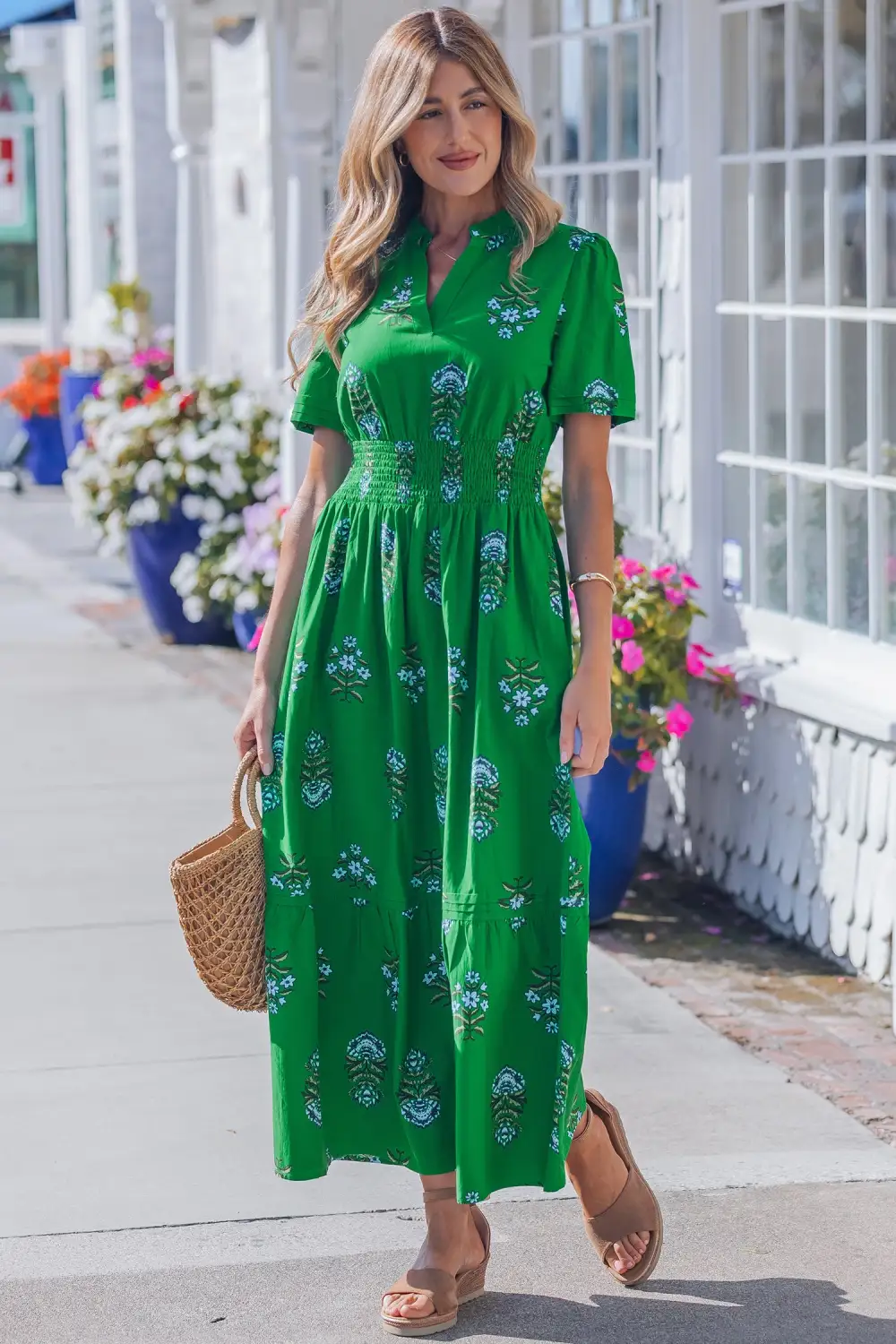 Clean Line Floral Printed Split Neck Maxi Dress