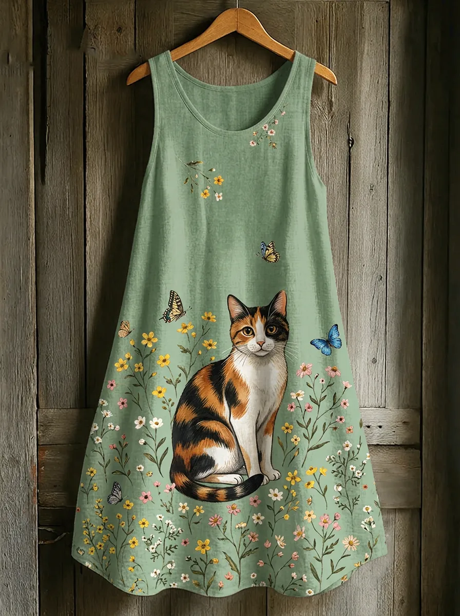 Women's Cat Lover Calico Cat Butterfly Floral Printed Cotton Linen Dress