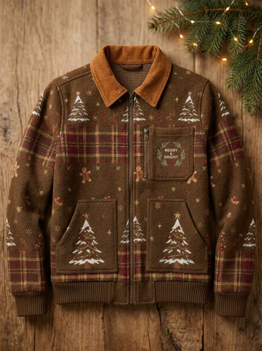 Unisex Christmas Tree Gingerbread Plaid Print Jacket