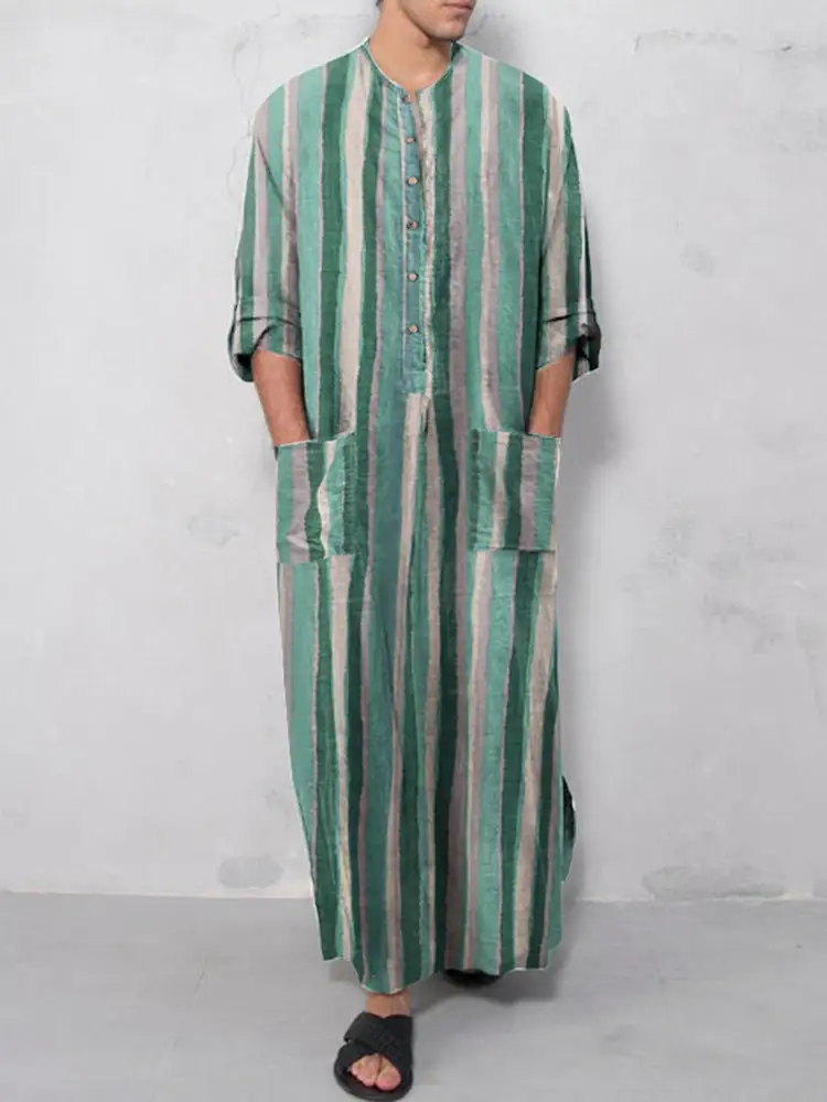Men's Casual Kaftan Linen Blend With Button Placket And Patch Pockets