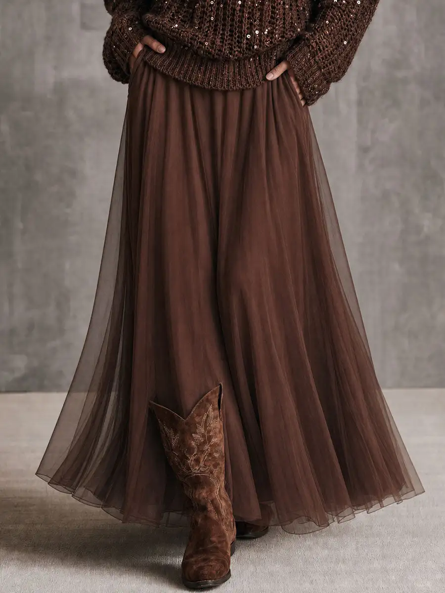 Boho Elegant Chocolate Brown High Waist Tulle Maxi Skirt