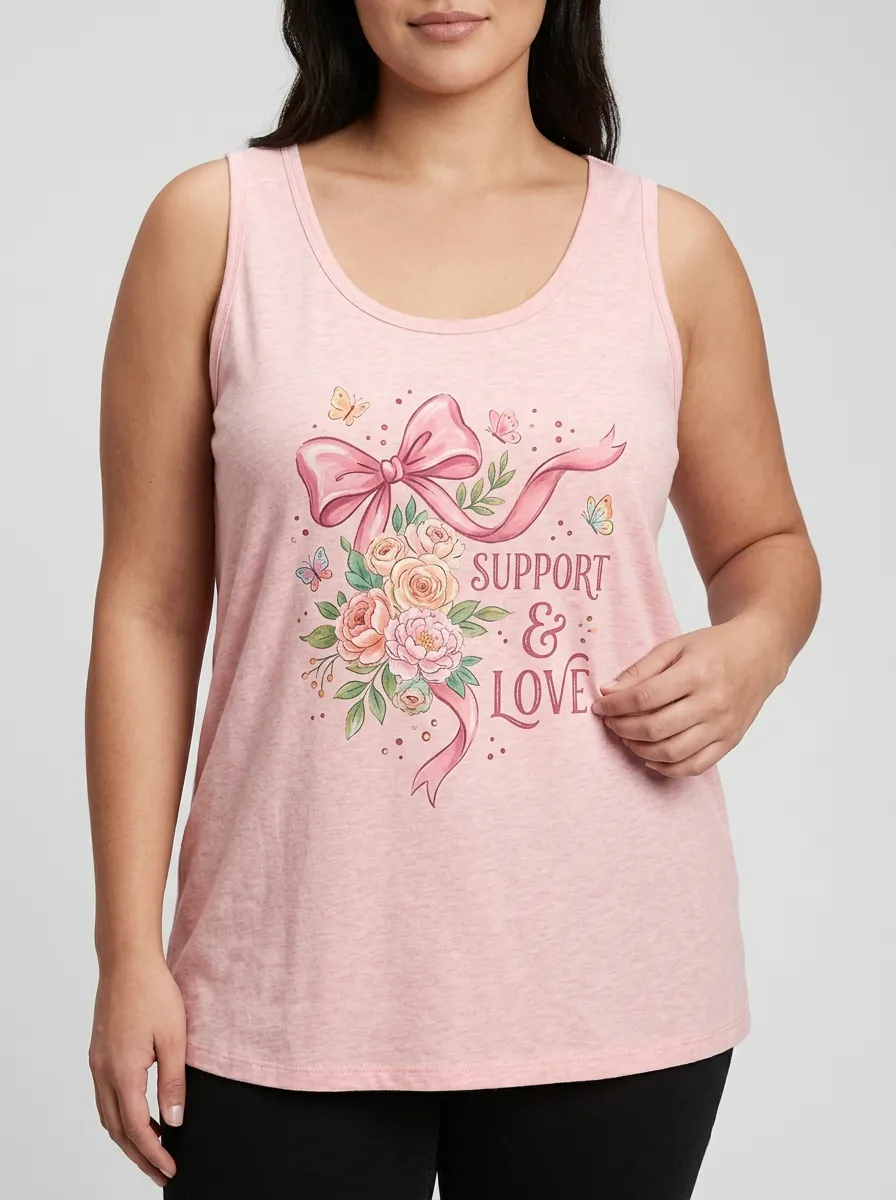 Women's Breast Cancer Awareness Floral Bow Support & Love Printed Tank Top