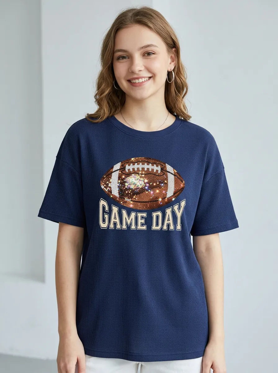 Women's Touchdown Inspired Football Ball Sparkle Crew Neck Graphic T-Shirt