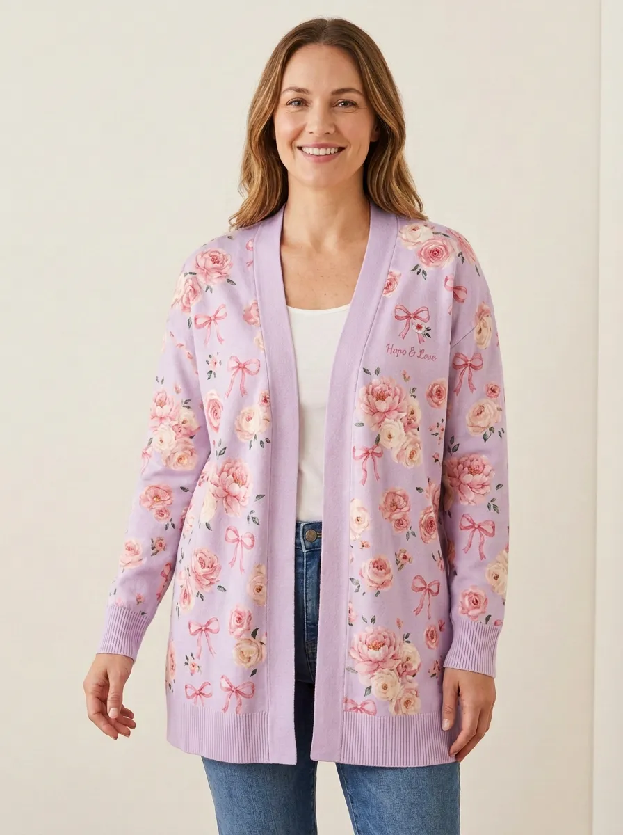 Women's Breast Cancer Awareness Hope & Love Floral Bow Printed Cardigan
