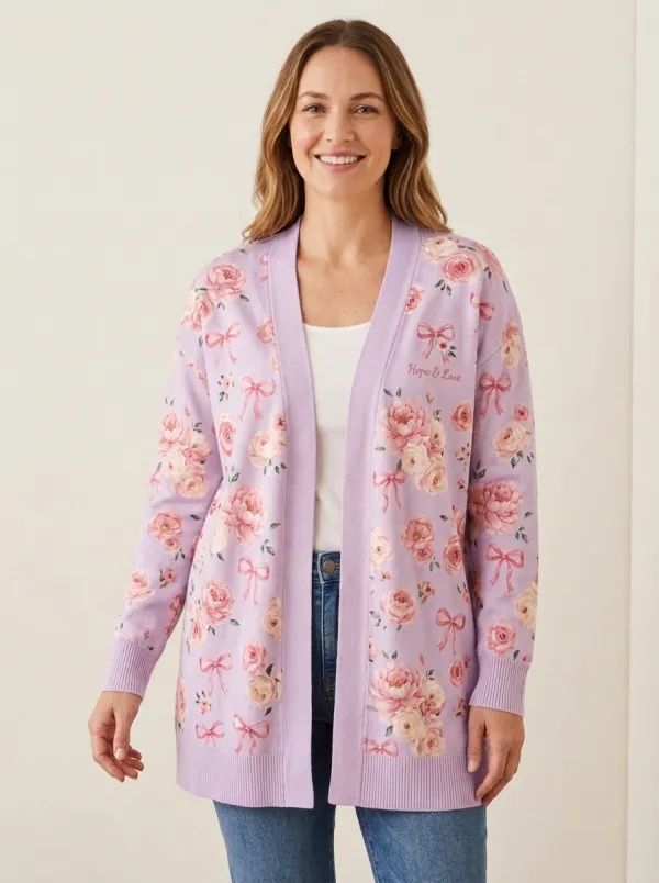 Women's Breast Cancer Awareness Hope & Love Floral Bow Printed Cardigan