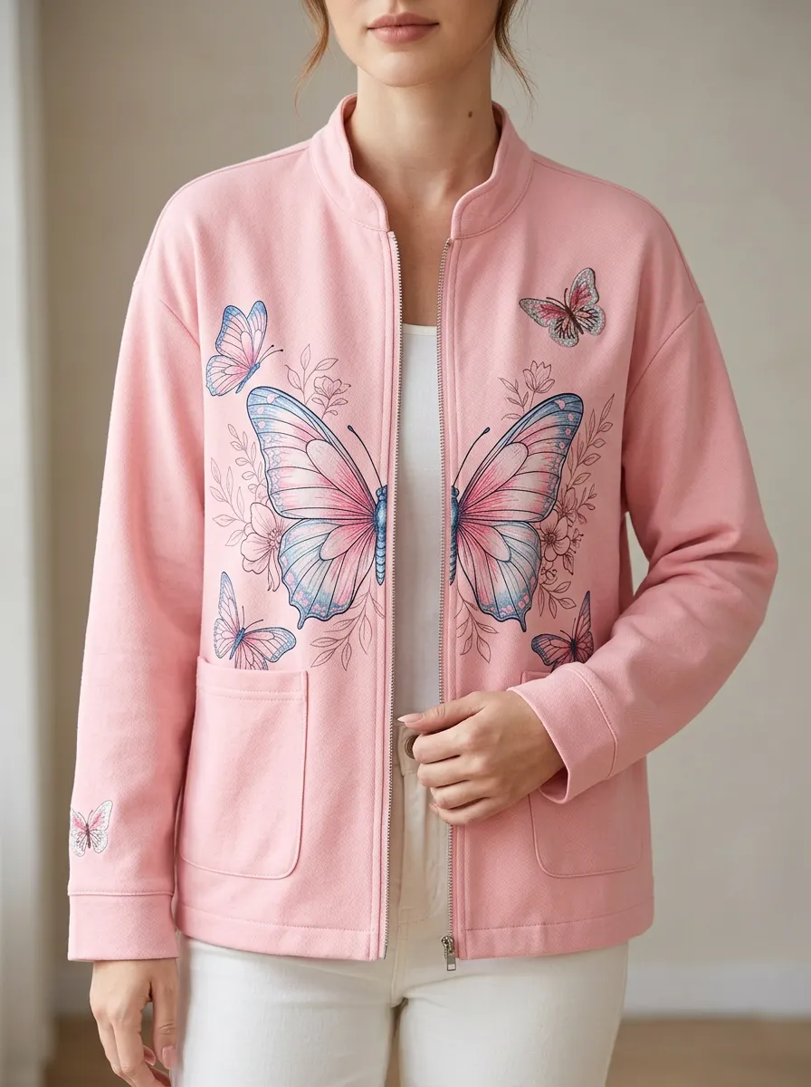 Women's Pink Butterfly Floral Stand-Collar Zip-Up Jacket