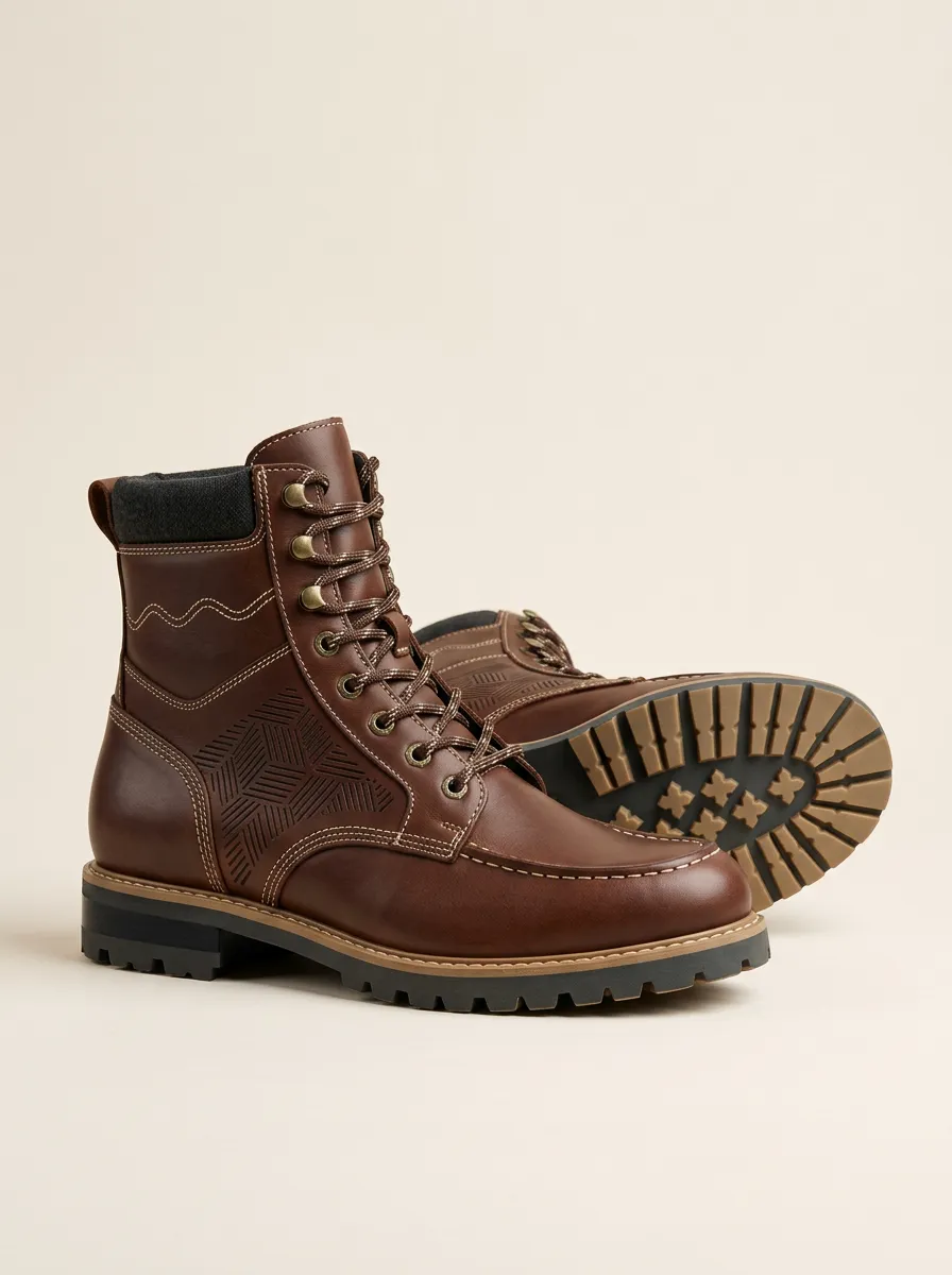 Unisex Geometric Pattern Embossed Leather Work Boots