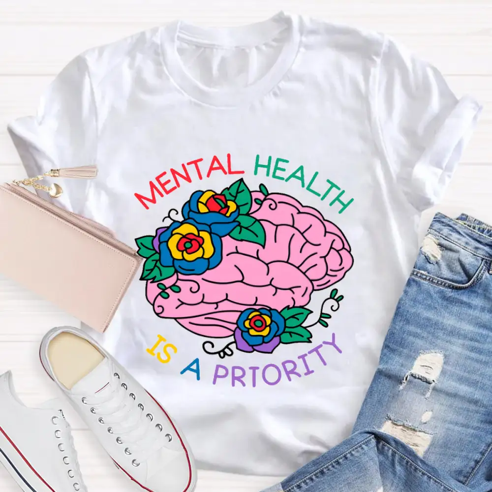 Mental Health Is A Priority Floral Brain T-Shirt