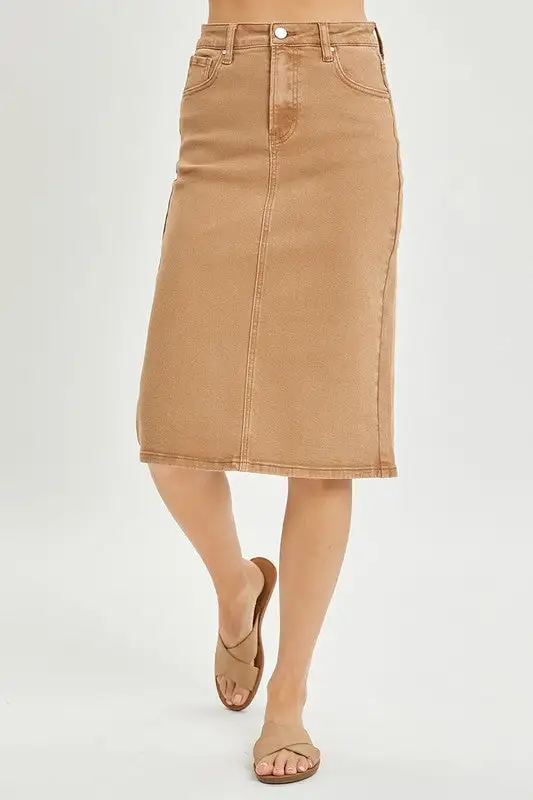 High Rise Back Slit Midi Skirt