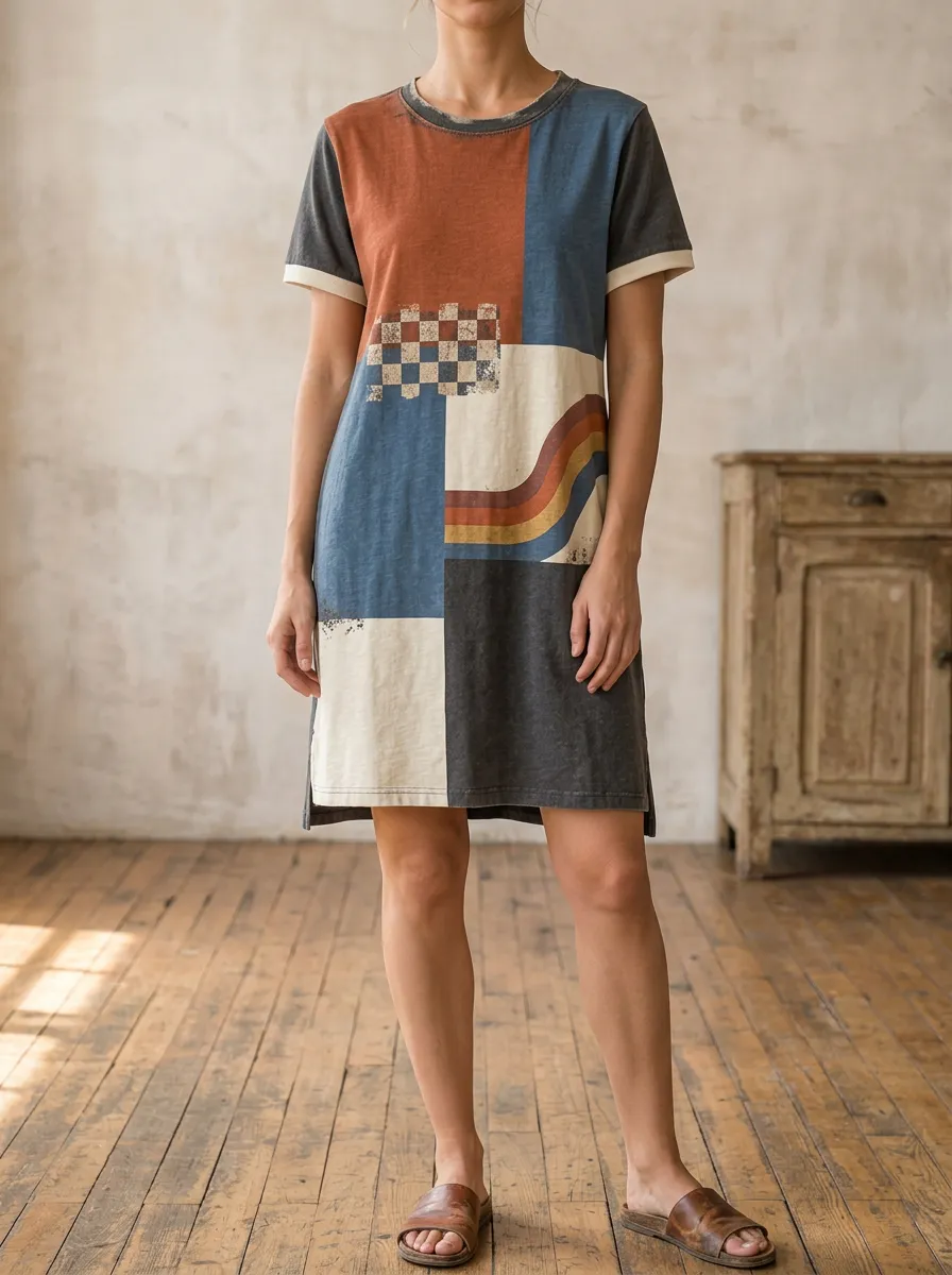 Women's Retro Geometric Checkerboard Rainbow Printed T-shirt Dress