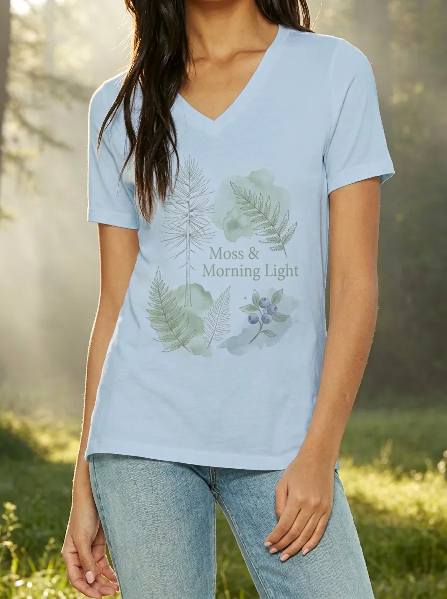 Women's Nature Lover Fern Moss & Blueberry Printed V-neck T-shirt